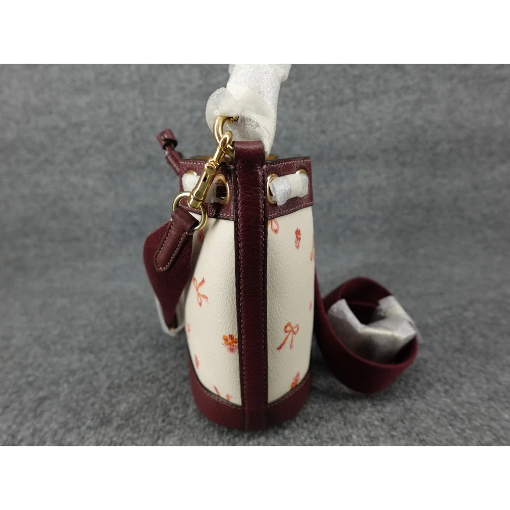 Coach Dempsey Drawstring Bucket Bag 15 Bow Print Chalk Wine CN707 Mini Crossbody
